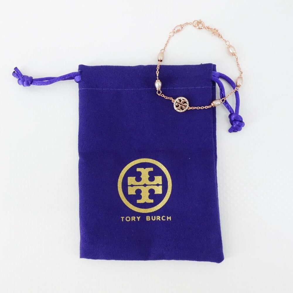 Tory Burch Miller Pave Logo Cultured Pearls Bracelet Rose Gold OS - Picture 12 of 12